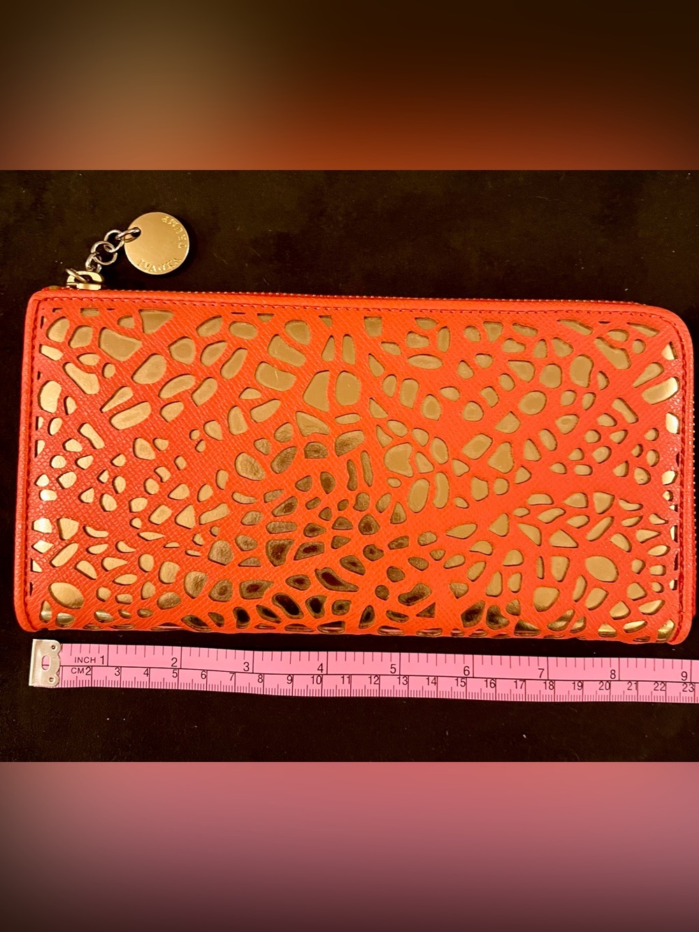 Ivanka Trump Red Laser-Cut Zip Wallet with Gold Underlay
